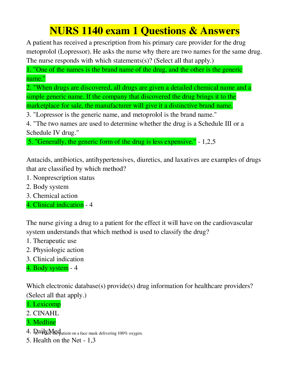 Preview of NURS 1140 exam 1 Questions & Answers